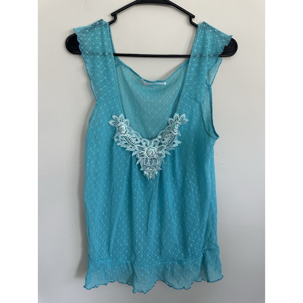 Vintage 90s Y2K Tank Top Turquoise Lace Mesh Boho Fairy Grunge Whimsigoth XL